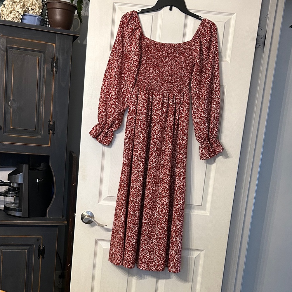 SHEIN Red Floral Long Sleeve Dress